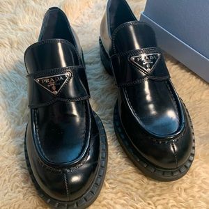 Authentic Prada Chocolate brushed triangle loafer, size 39, pristine condition